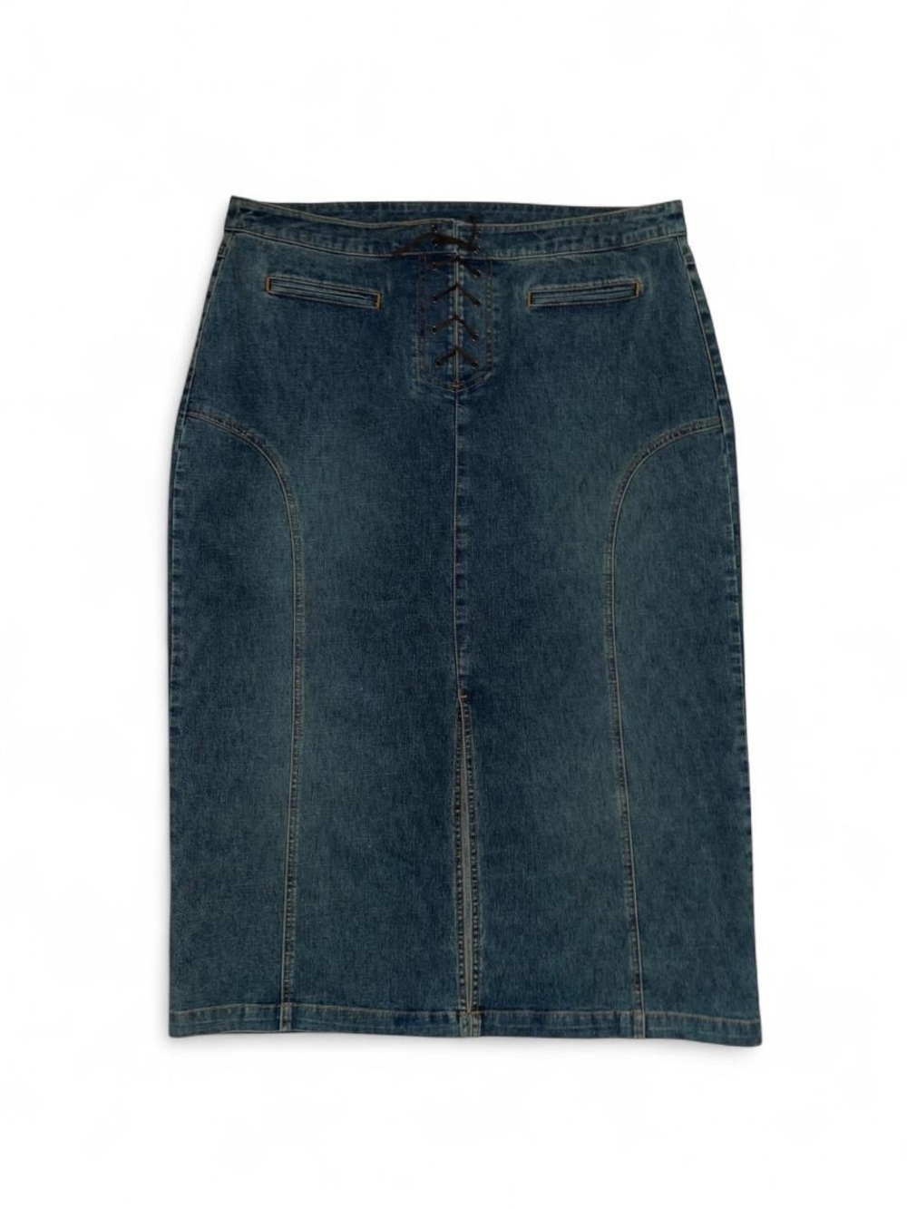 Y2K Venezia Dark Wash Blue Denim Midi Skirt With Leather Lace Up Detail